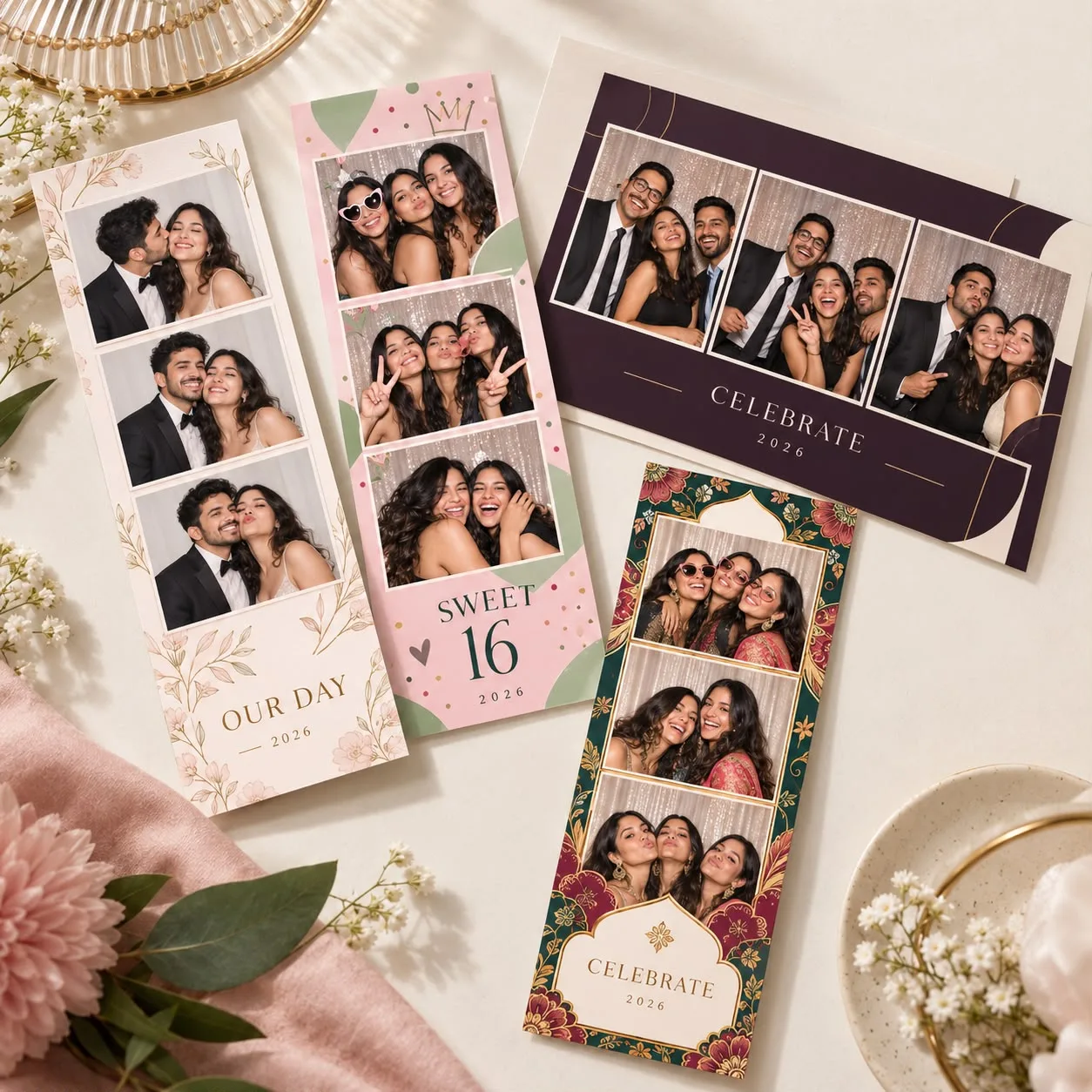Custom photo-booth print-strip designs for celebrations